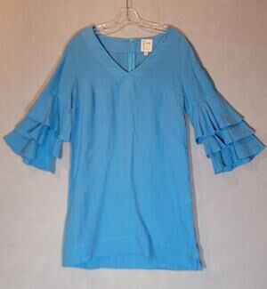 Finley Tiered Ruffle Bell Sleeve 100% Linen Shift Dress Vibrant Blue XS USA Made